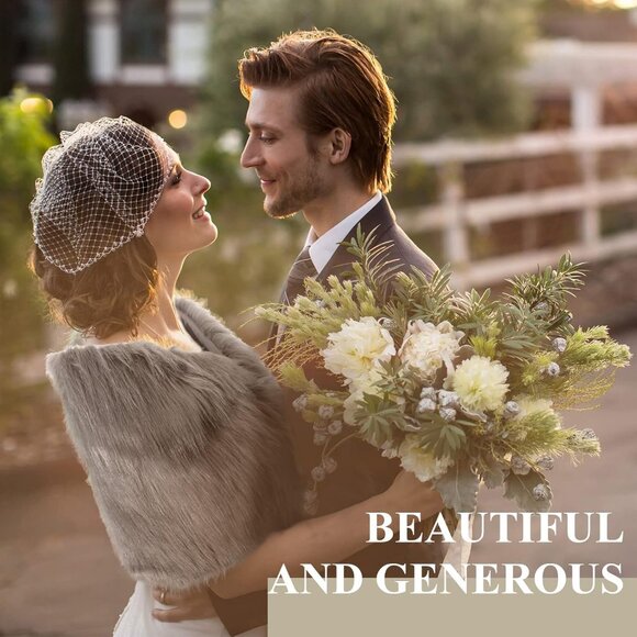 Faux Fur Shawl Wrap Stole Shrug Winter Bridal Wedding Scarf Wrap with Faux Pearl - Picture 5 of 7